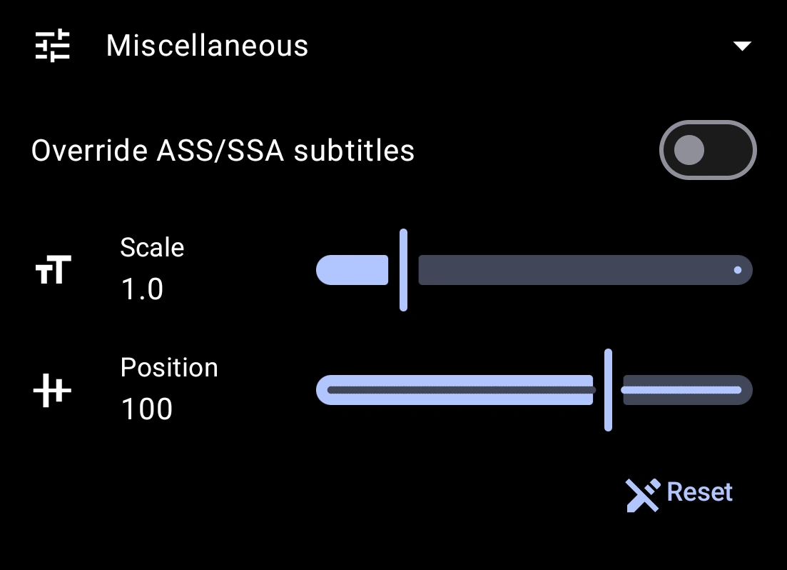 Subtitle miscellaneous settings panel