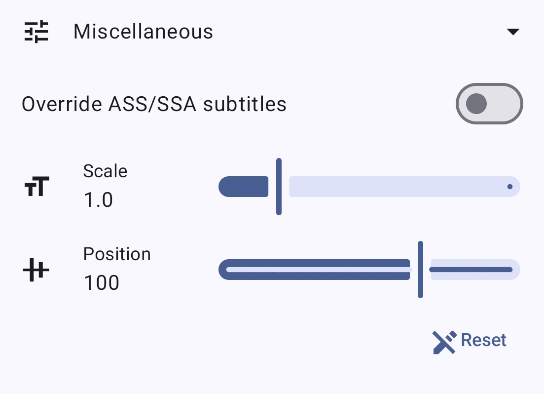 Subtitle miscellaneous settings panel