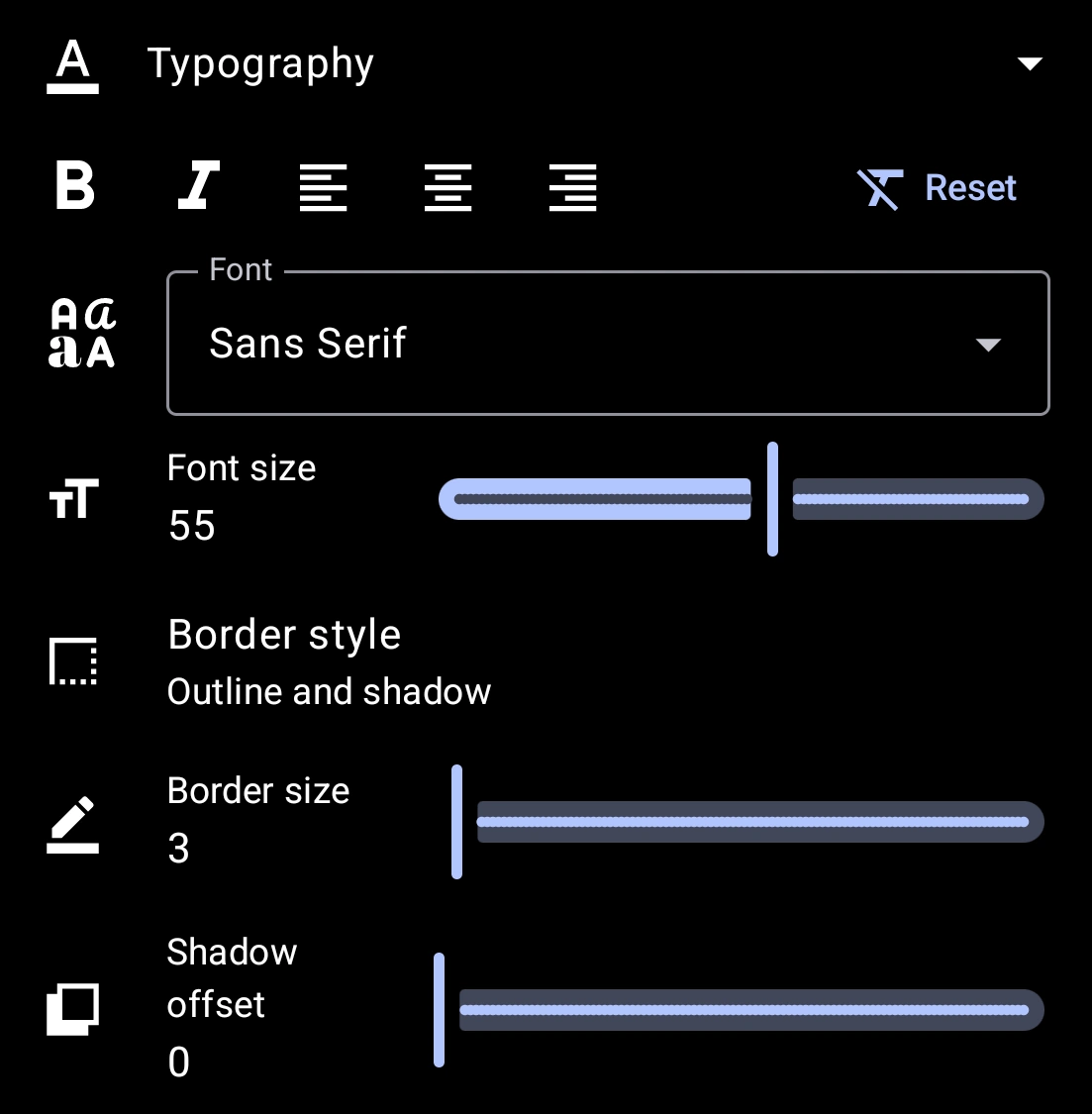 Subtitle typography settings panel