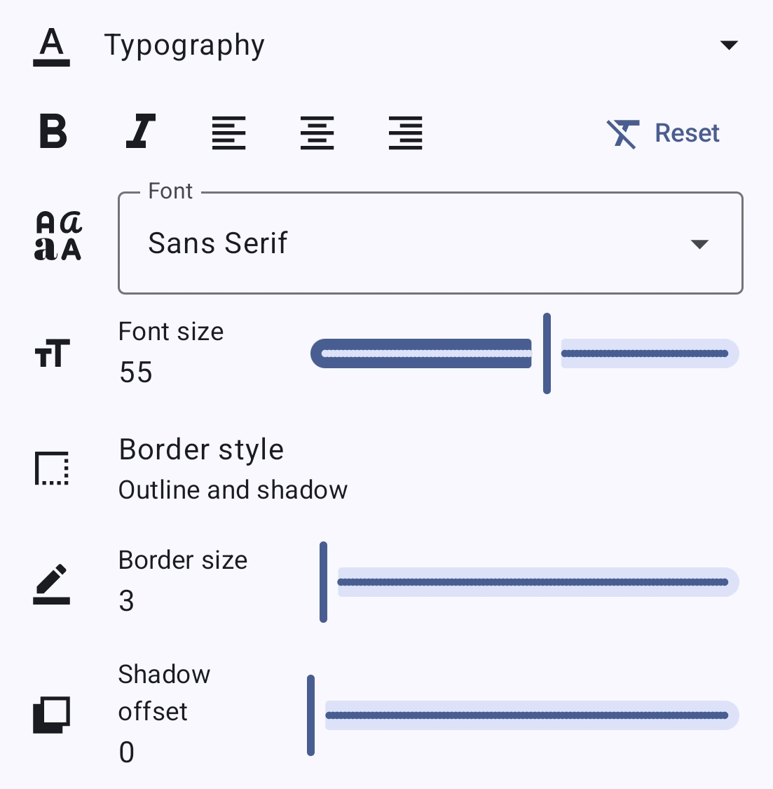 Subtitle typography settings panel